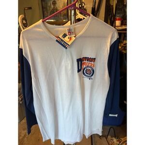 Vintage Detroit Tigers MLB Shirt Garan Henley 3/4 Sleeve White Navy Large NWT